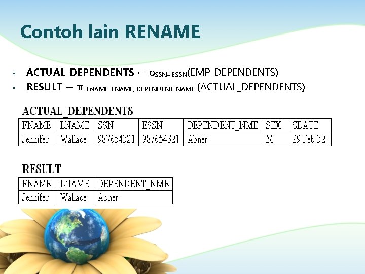 Contoh lain RENAME • • ACTUAL_DEPENDENTS ← σSSN=ESSN(EMP_DEPENDENTS) RESULT ← π FNAME, LNAME, DEPENDENT_NAME