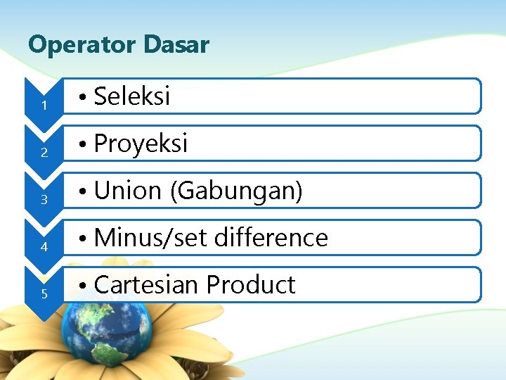 Operator Dasar 1 • Seleksi 2 • Proyeksi 3 • Union (Gabungan) 4 •