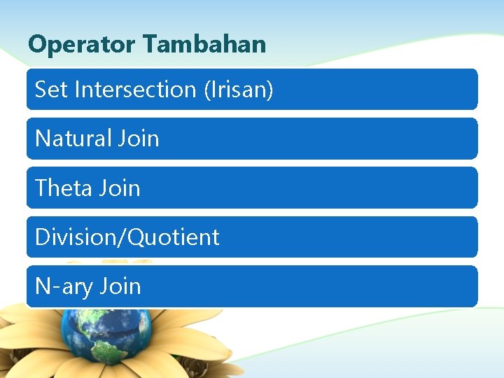 Operator Tambahan Set Intersection (Irisan) Natural Join Theta Join Division/Quotient N-ary Join 