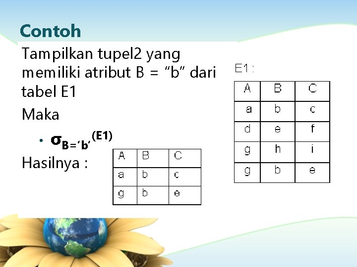 Contoh Tampilkan tupel 2 yang memiliki atribut B = “b” dari tabel E 1