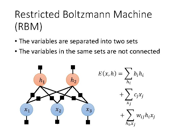 Restricted Boltzmann Machine (RBM) • The variables are separated into two sets • The Restricted Boltzmann Machine (RBM) • The variables are separated into two sets • The