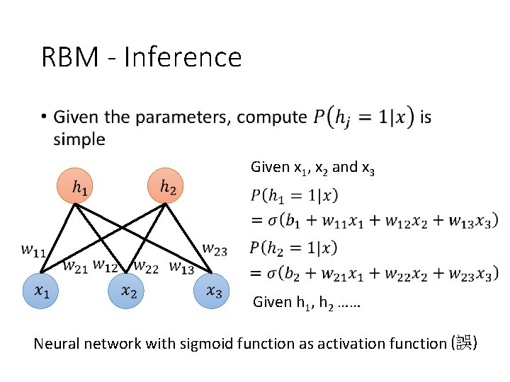RBM - Inference • Given x 1, x 2 and x 3 Given h RBM - Inference • Given x 1, x 2 and x 3 Given h