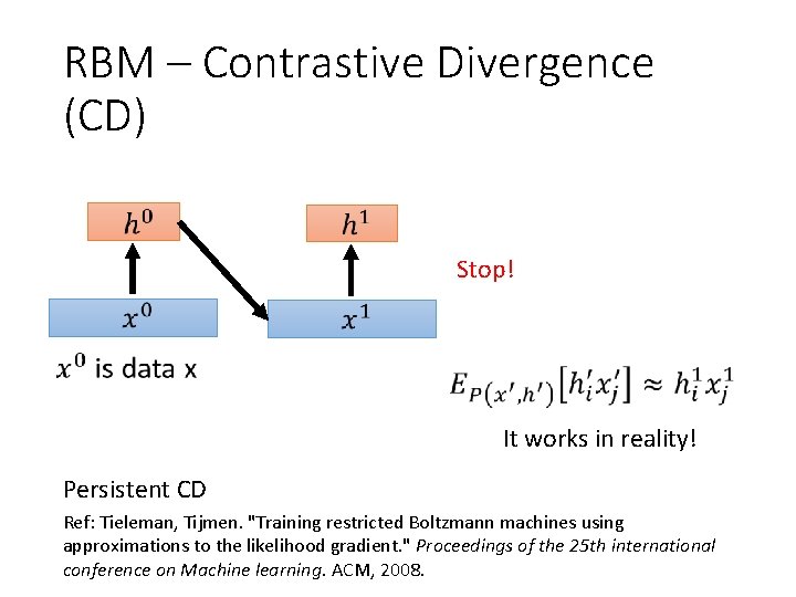 RBM – Contrastive Divergence (CD) Stop! It works in reality! Persistent CD Ref: Tieleman, RBM – Contrastive Divergence (CD) Stop! It works in reality! Persistent CD Ref: Tieleman,