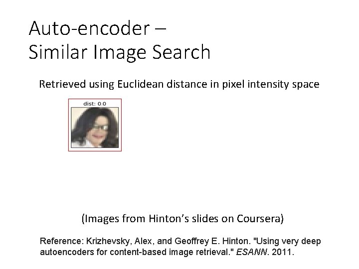 Auto-encoder – Similar Image Search Retrieved using Euclidean distance in pixel intensity space (Images Auto-encoder – Similar Image Search Retrieved using Euclidean distance in pixel intensity space (Images