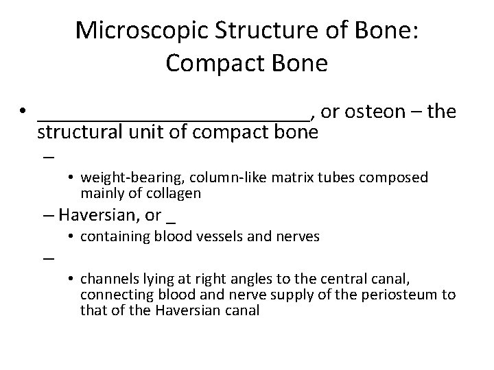 Microscopic Structure of Bone: Compact Bone • _____________, or osteon – the structural unit Microscopic Structure of Bone: Compact Bone • _____________, or osteon – the structural unit