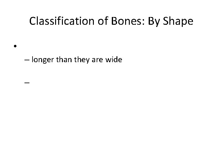 Classification of Bones: By Shape • – longer than they are wide – Classification of Bones: By Shape • – longer than they are wide –