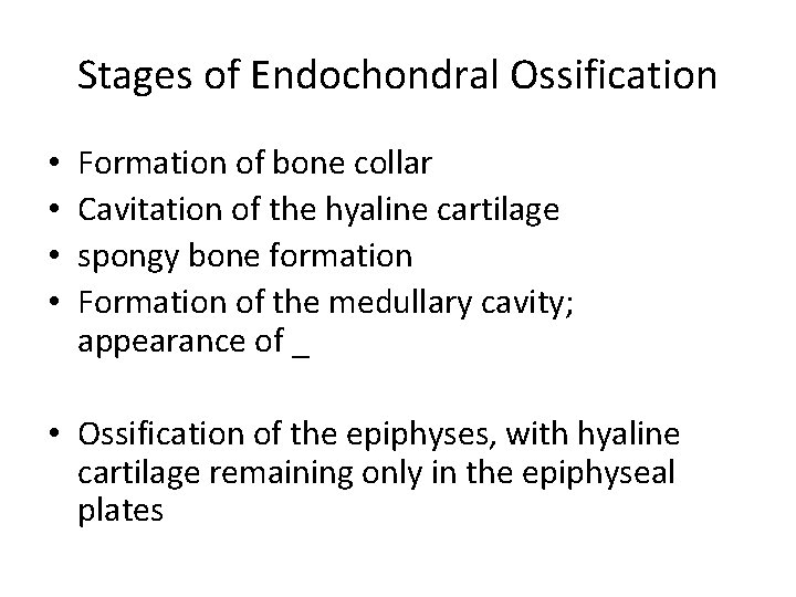 Stages of Endochondral Ossification • • Formation of bone collar Cavitation of the hyaline Stages of Endochondral Ossification • • Formation of bone collar Cavitation of the hyaline