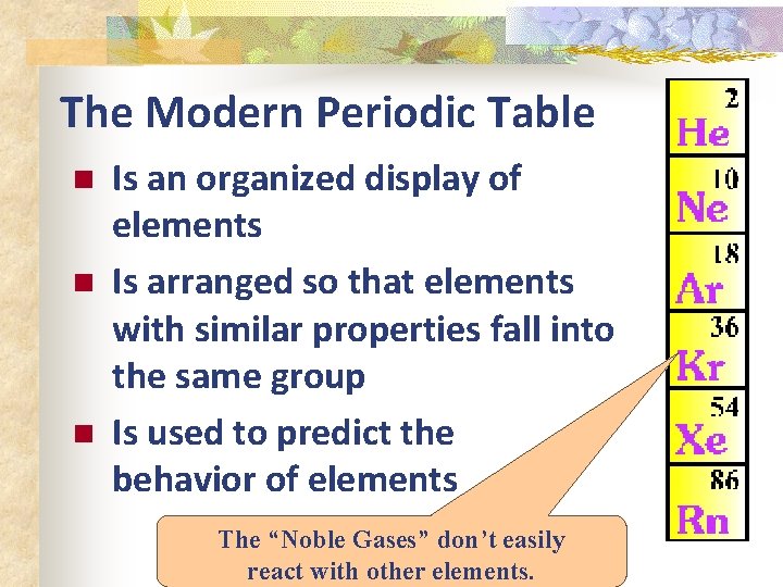 The Modern Periodic Table n n n Is an organized display of elements Is