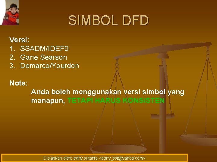 SIMBOL DFD Versi: 1. SSADM/IDEF 0 2. Gane Searson 3. Demarco/Yourdon Note: Anda boleh
