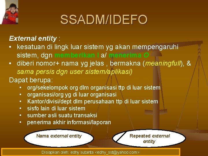 SSADM/IDEFO External entity : • kesatuan di lingk luar sistem yg akan mempengaruhi sistem,