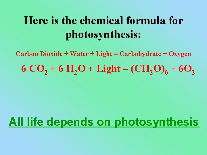 Here is the chemical formula for photosynthesis: Carbon Dioxide + Water + Light =
