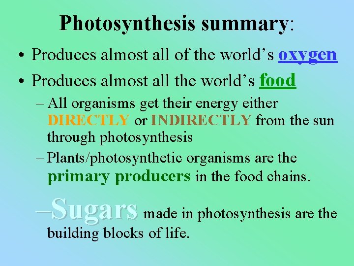 Photosynthesis summary: • Produces almost all of the world’s oxygen • Produces almost all