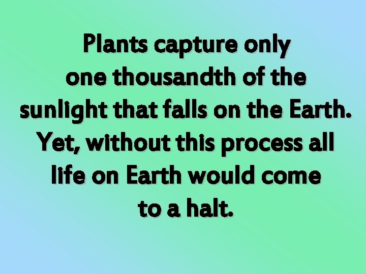 Plants capture only one thousandth of the sunlight that falls on the Earth. Yet,