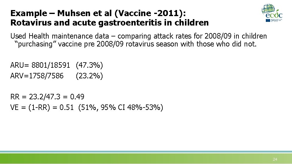 Example – Muhsen et al (Vaccine -2011): Rotavirus and acute gastroenteritis in children Used