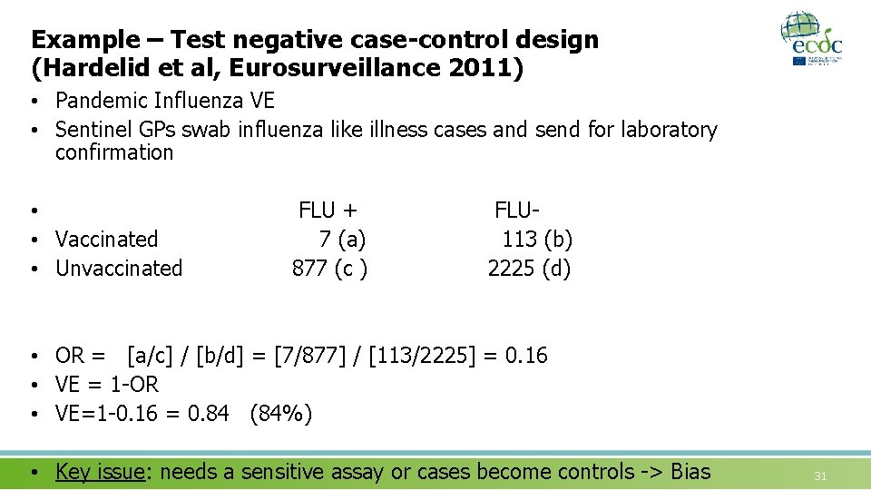 Example – Test negative case-control design (Hardelid et al, Eurosurveillance 2011) • Pandemic Influenza