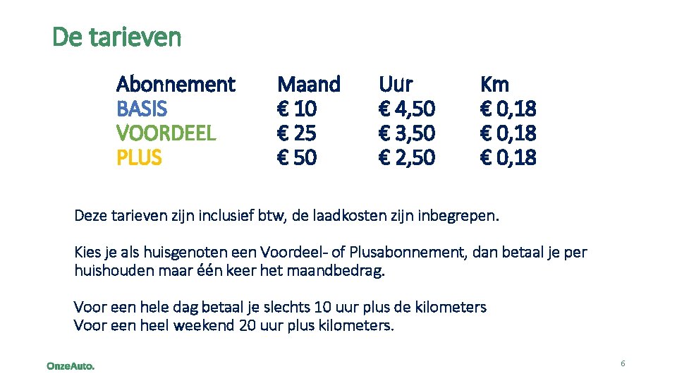 De tarieven Abonnement BASIS VOORDEEL PLUS Maand € 10 € 25 € 50 Uur