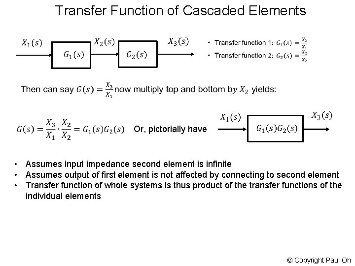 Transfer Function of Cascaded Elements Or, pictorially have • Assumes input impedance second element