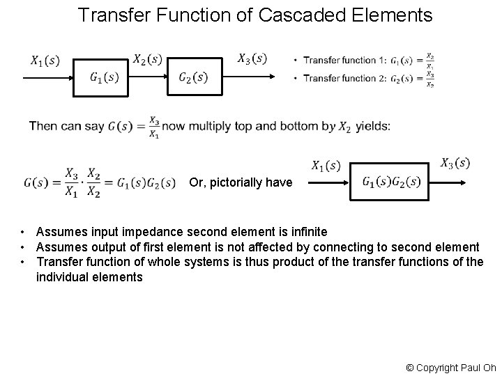 Transfer Function of Cascaded Elements Or, pictorially have • Assumes input impedance second element