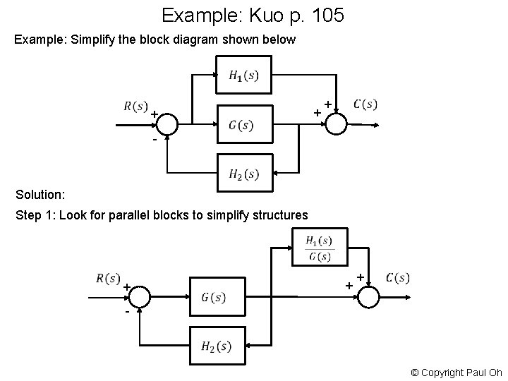 Example: Kuo p. 105 Example: Simplify the block diagram shown below + + +