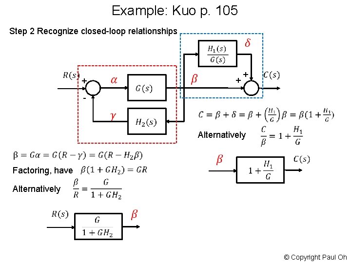 Example: Kuo p. 105 Step 2 Recognize closed-loop relationships + + + - Alternatively