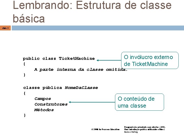 Lembrando: Estrutura de classe básica slide 2 O invólucro externo public class Ticket. Machine