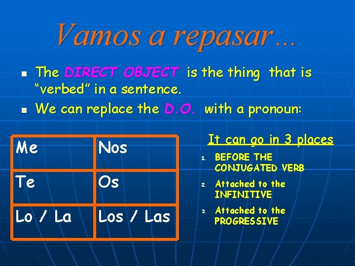 Vamos a repasar… n n The DIRECT OBJECT is the thing that is “verbed”