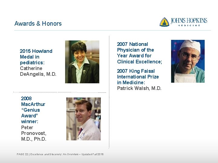 Awards & Honors 2015 Howland Medal in pediatrics: Catherine De. Angelis, M. D. 2008