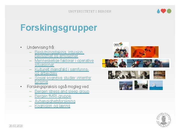 UNIVERSITETET I BERGEN Forskingsgrupper • • 20. 02. 2020 Undervising frå: – Beslutningstaking, intuisjon,