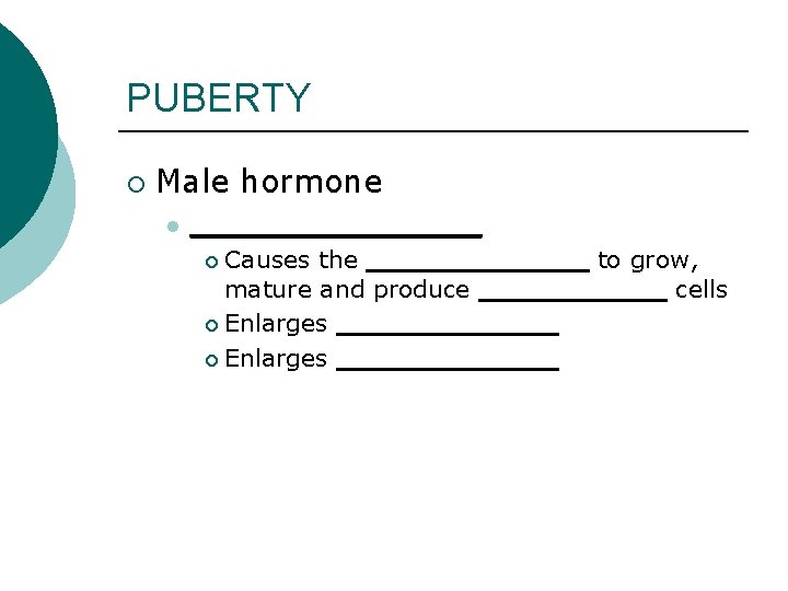PUBERTY ¡ Male hormone l ________ Causes the _______ to grow, mature and produce
