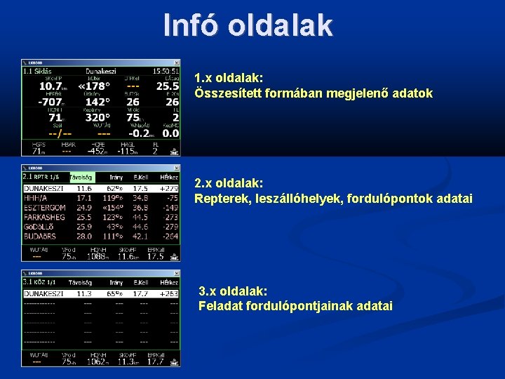 Infó oldalak 1. x oldalak: Összesített formában megjelenő adatok 2. x oldalak: Repterek, leszállóhelyek,