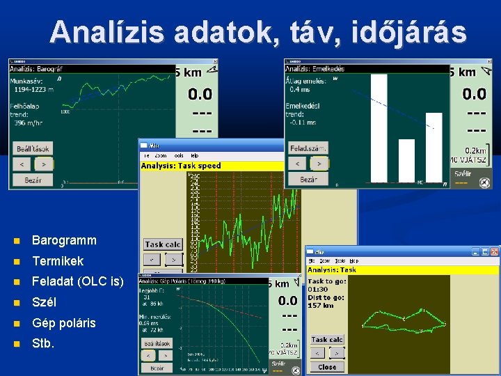 Analízis adatok, táv, időjárás Barogramm Termikek Feladat (OLC is) Szél Gép poláris Stb. 