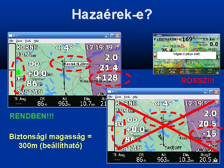 Hazaérek-e? ROSSZ!!! RENDBEN!!! Biztonsági magasság = 300 m (beállítható) 