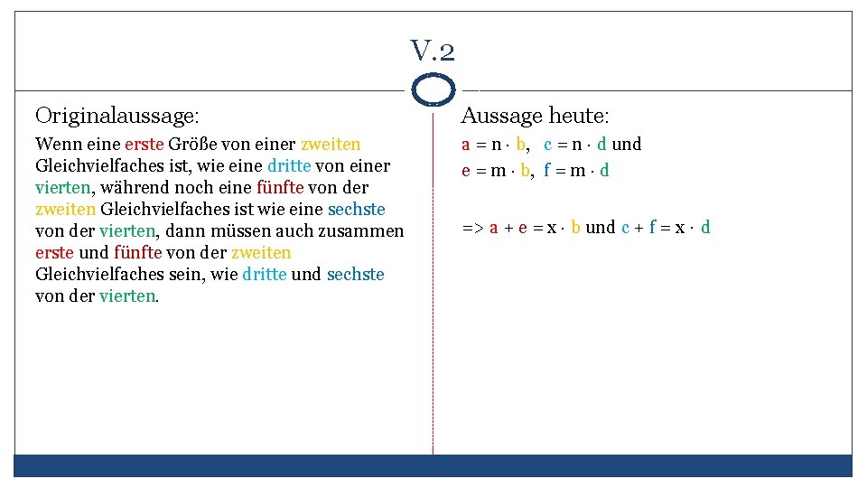 V. 2 Originalaussage: Aussage heute: Wenn eine erste Größe von einer zweiten Gleichvielfaches ist,