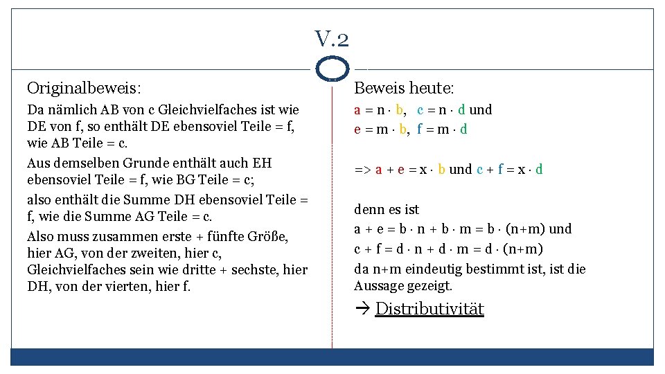 V. 2 Originalbeweis: Beweis heute: Da nämlich AB von c Gleichvielfaches ist wie DE