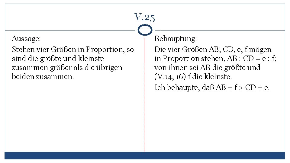 V. 25 Aussage: Stehen vier Größen in Proportion, so sind die größte und kleinste