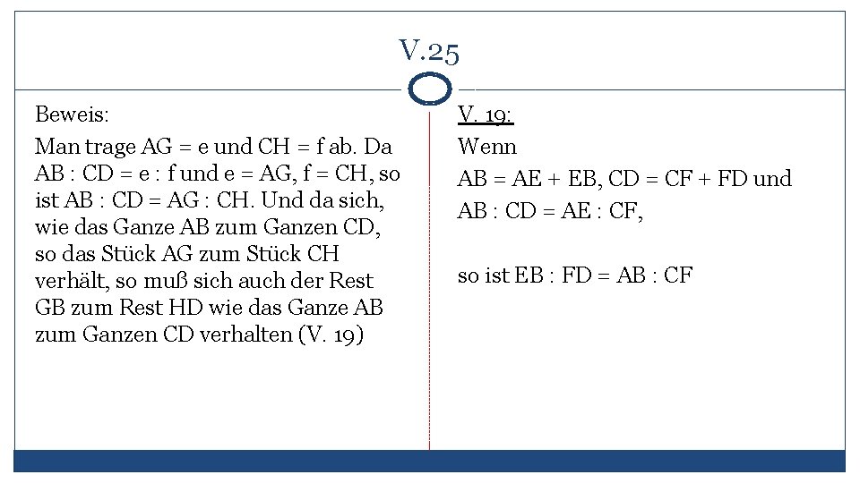 V. 25 Beweis: Man trage AG = e und CH = f ab. Da