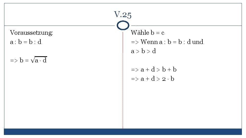 V. 25 Voraussetzung: a: b=b: d Wähle b = c => Wenn a :