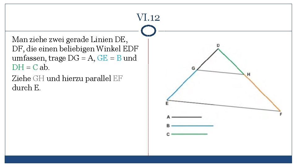 VI. 12 Man ziehe zwei gerade Linien DE, DF, die einen beliebigen Winkel EDF