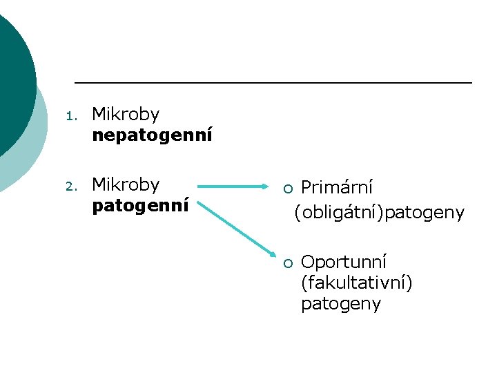 1. Mikroby nepatogenní 2. Mikroby patogenní ¡ ¡ Primární (obligátní)patogeny Oportunní (fakultativní) patogeny 