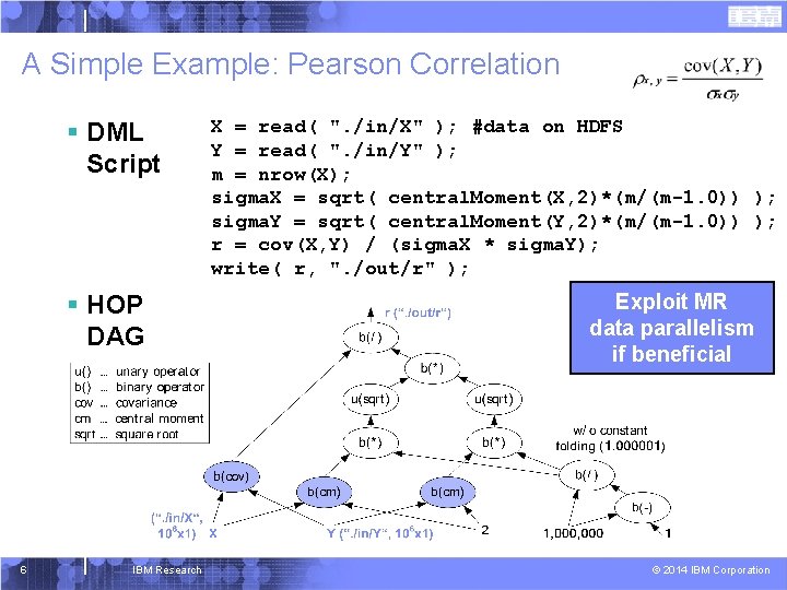 A Simple Example: Pearson Correlation § DML Script § HOP DAG 6 IBM Research