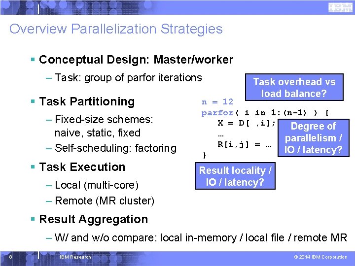 Overview Parallelization Strategies § Conceptual Design: Master/worker – Task: group of parfor iterations §