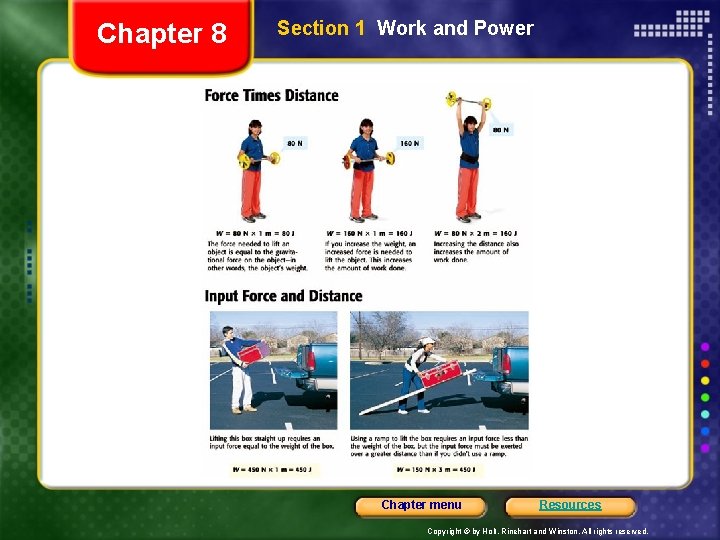 Chapter 8 Section 1 Work and Power Chapter menu Resources Copyright © by Holt,