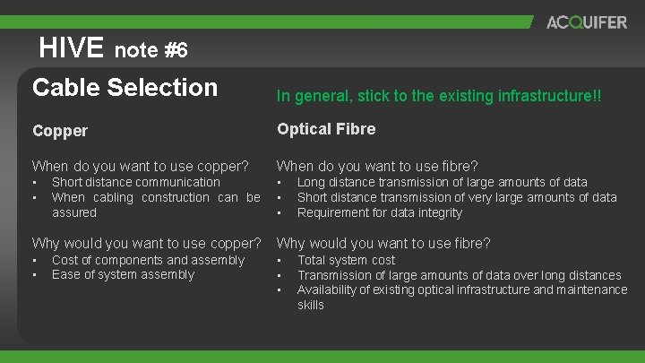 HIVE note #6 Cable Selection In general, stick to the existing infrastructure!! Copper Optical HIVE note #6 Cable Selection In general, stick to the existing infrastructure!! Copper Optical