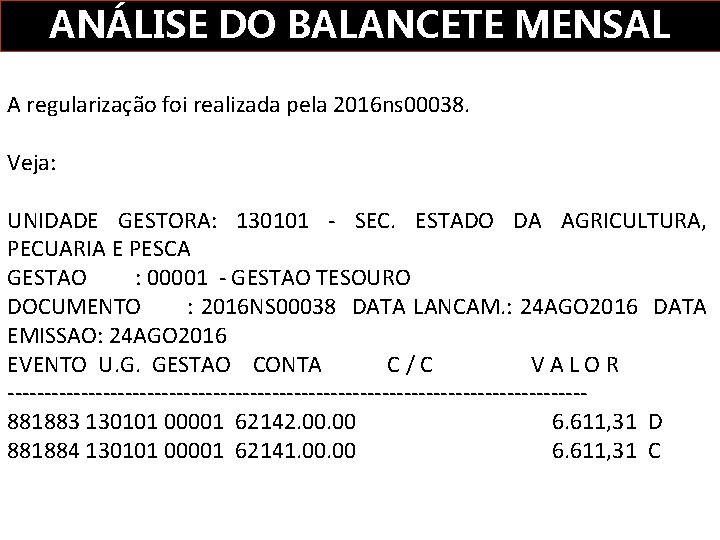 ANÁLISE DO BALANCETE MENSAL A regularização foi realizada pela 2016 ns 00038. Veja: UNIDADE