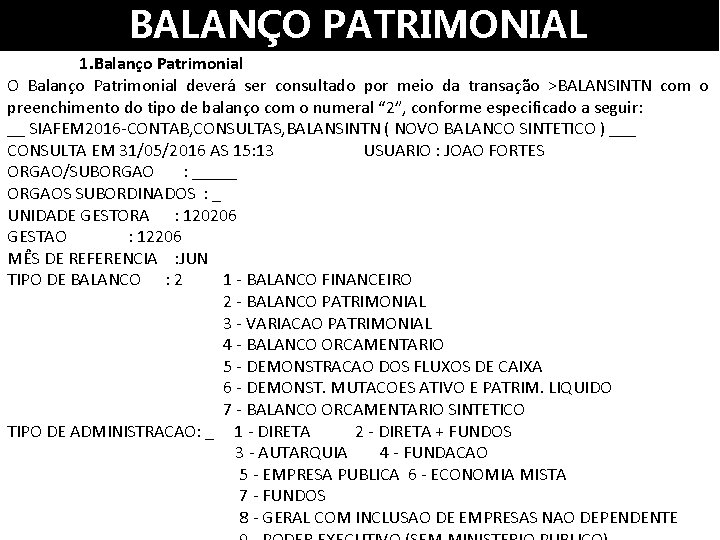 BALANÇO PATRIMONIAL 1. Balanço Patrimonial O Balanço Patrimonial deverá ser consultado por meio da