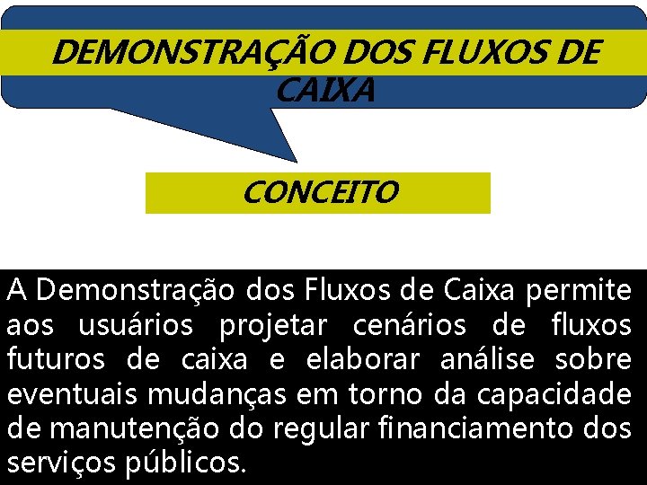 DEMONSTRAÇÃO DOS FLUXOS DE CAIXA CONCEITO A Demonstração dos Fluxos de Caixa permite aos