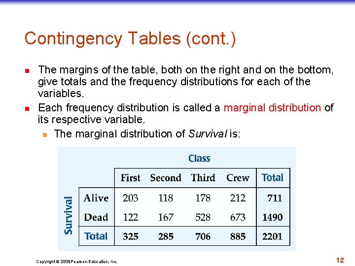 Contingency Tables (cont. ) n n The margins of the table, both on the