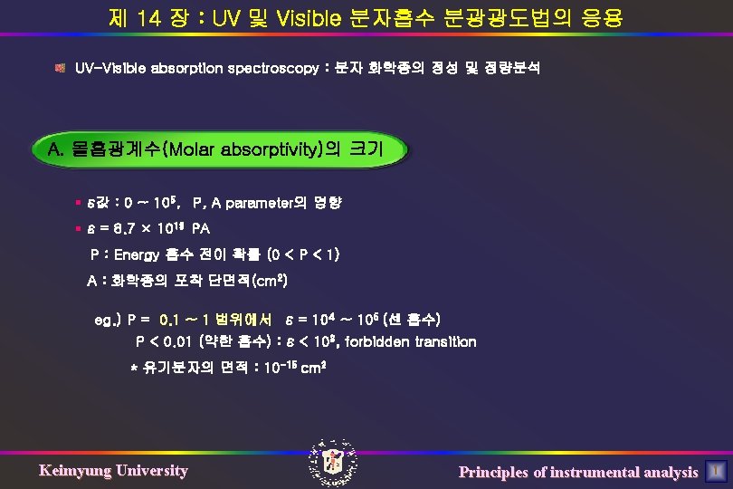 제 14 장 : UV 및 Visible 분자흡수 분광광도법의 응용 UV-Visible absorption spectroscopy :
