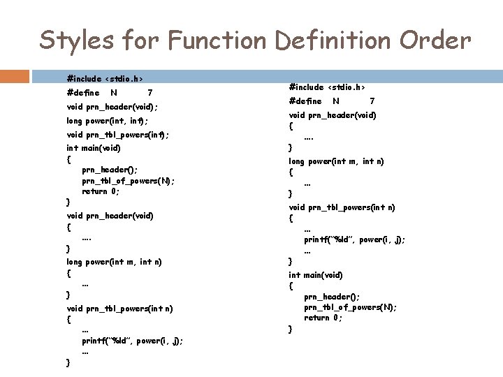 Styles for Function Definition Order #include <stdio. h> #define N 7 void prn_header(void); long Styles for Function Definition Order #include <stdio. h> #define N 7 void prn_header(void); long