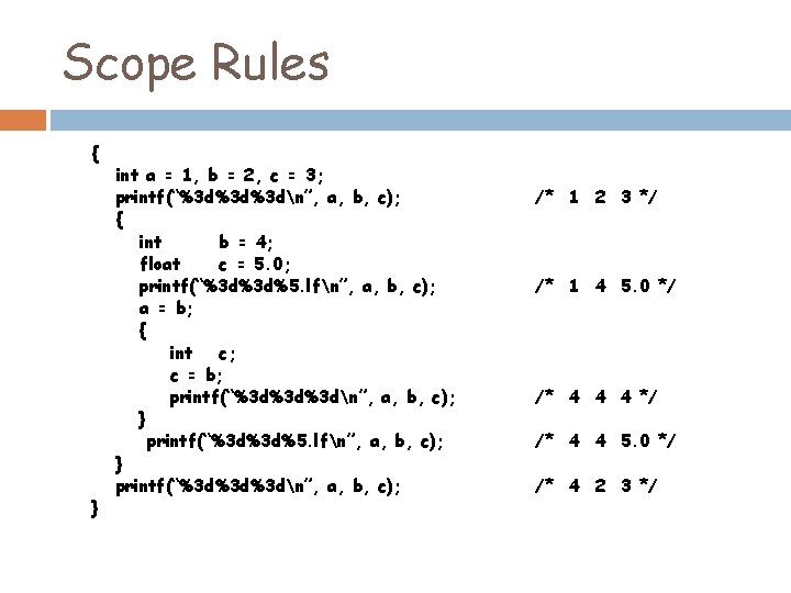 Scope Rules { } int a = 1, b = 2, c = 3; Scope Rules { } int a = 1, b = 2, c = 3;